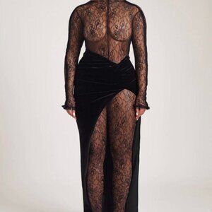 BBXBRAND LACED BODEE JUMPSUIT AND VELVET SLIX MAXI SKIRT SIZE MEDIUM US 6 NWT